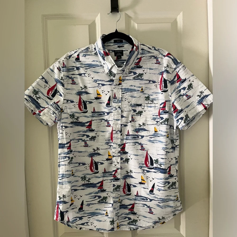 - J. Crew Flex Washed Slim Fit Nautical Sailboat Short Sleeve Button Down L